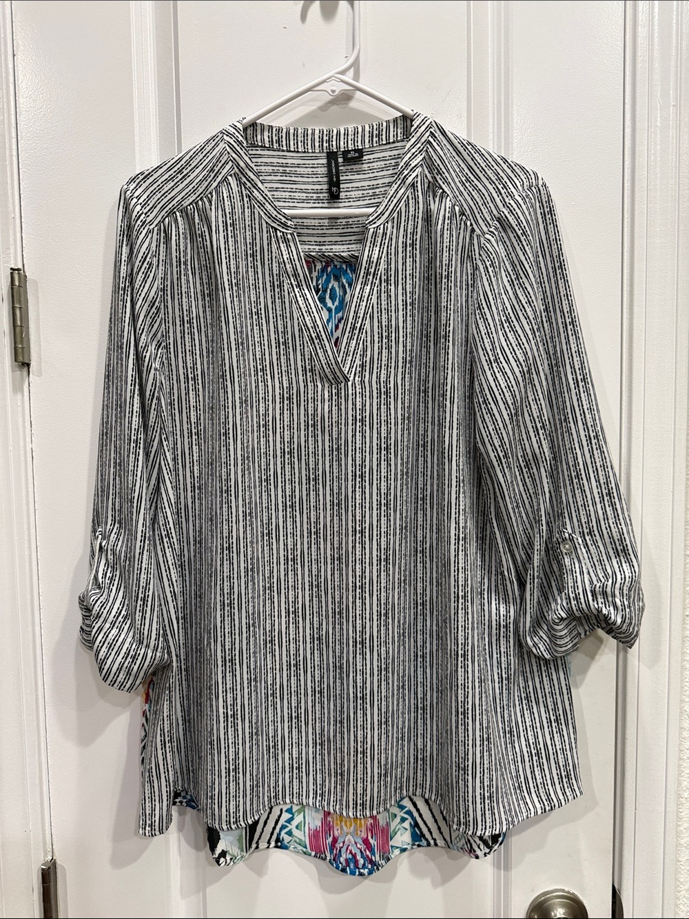 new directions Black & White Striped V-Neck Tunic with Colorful Back